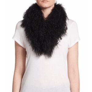 Adrienne Landau Black Shearling Lamb Fur Trim Shawl Wrap Scarf with Clip